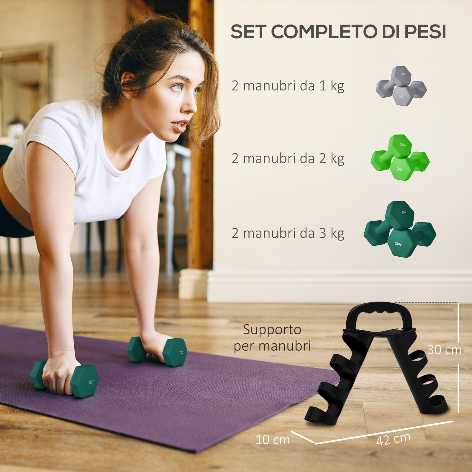 Set 6 Pesi Manubri con Supporto Coppie da 1-2-3 Kg in Metallo Verde e Nero foto 4