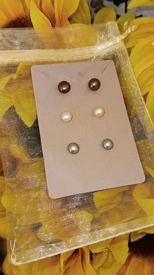 Button Pearl Sterling Silver Post Earrings Champagne Chocolate & Green 3 Pairs - Image 2 of 4