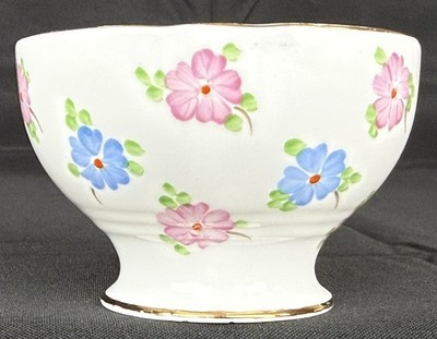 Vintage English Bone China Mini Open Sugar Bowl Enameled Pink & Blue Primroses