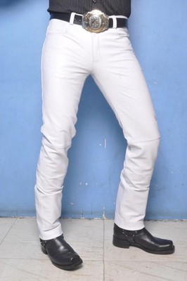 Herren Echtleder weiße Hose mit Reißverschluss Schaf/Lammfell Lederhose Hose