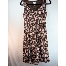 Ann Taylor Loft Womens 6 Brown Pink Rose Floral Cotton Fit & Flare Dress V-Neck