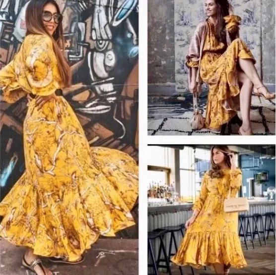 Johanna Ortiz x H&M Yellow Floral Long Sleeve Midi Ruffle Crepe Dress Size Large - Image 3 of 4