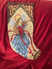 Christmas Stocking, needlepoint, Angel Ribbons Elegant Red Blue Gloria