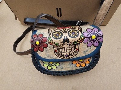 Skull Day of The Dead Skull Embossed Thick Leather Small Crossbody Bag Cozumel 
