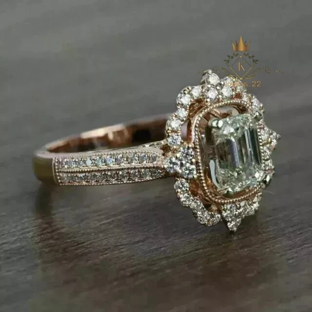 Anillo de compromiso vintage de moissanita de oro rosa sólido de 14 quilates corte esmeralda VVS1 2,75 quilates Foto 3 de 4