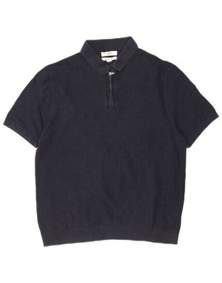 Marks & Spencer Mens Polo Neck Jumper Sweater Large Navy Blue Herringbone ED52