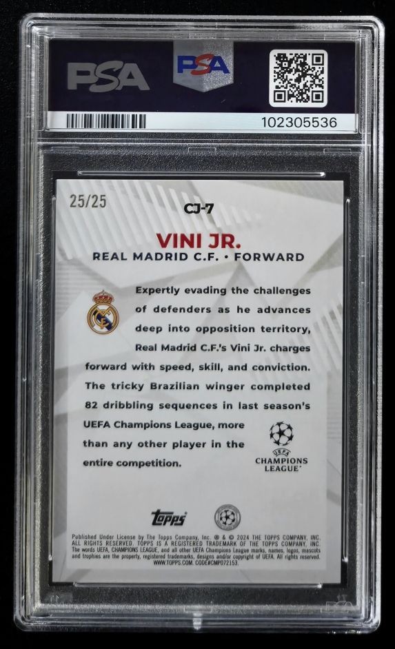 2023-24 Topps Carnaval UCC Vinicius Jr /25 Craque Do Jugo Orange #7 PSA 10 view 2