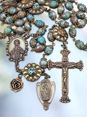 Mary, Queen of Heaven -The Life of Mary Rosary - Bronze Heirloom, Blue Jasper