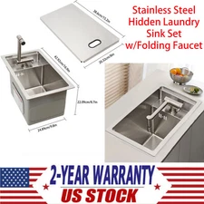 Single Bowl Bar Kitchen Laundry Sink Set Stainless Steel Hidden w/Folding Faucet