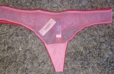 Adore Me/VS Heart Embroidered Bk Thong Panty NEW Medium Pink/red