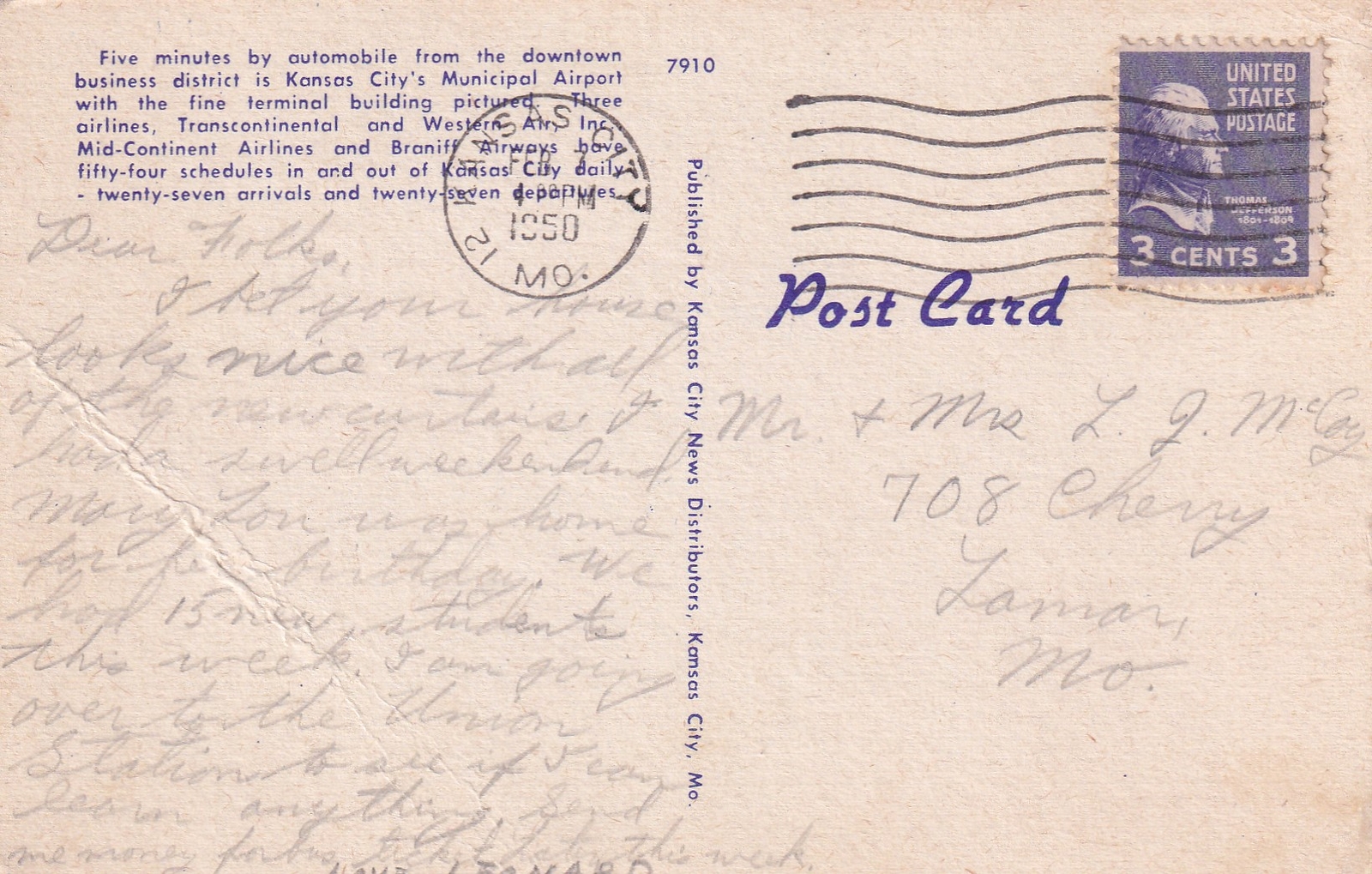 Terminal Building Airport Kansas City Missouri MO 1950 to Lamar Postcard B15 eBay