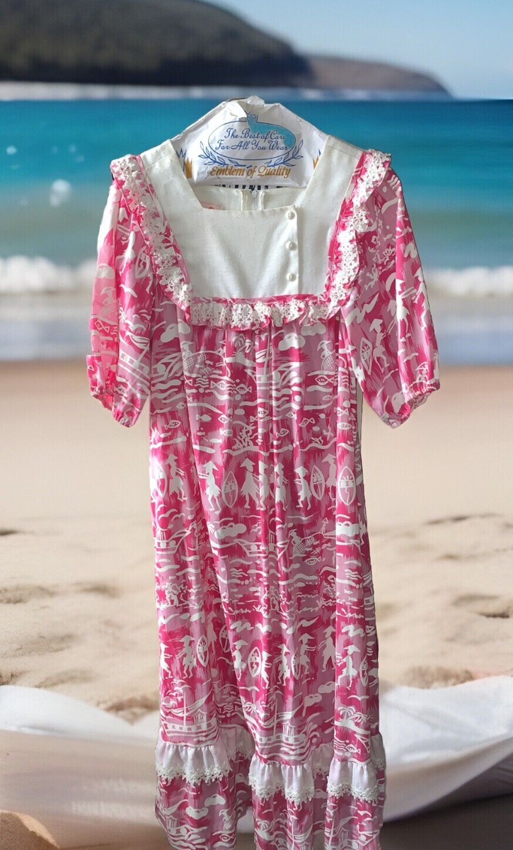 VINTAGE ISLAND FASHIONS Native Tribal Print Hawaiian MUUMUU Maxi Dress  W/trim | eBay