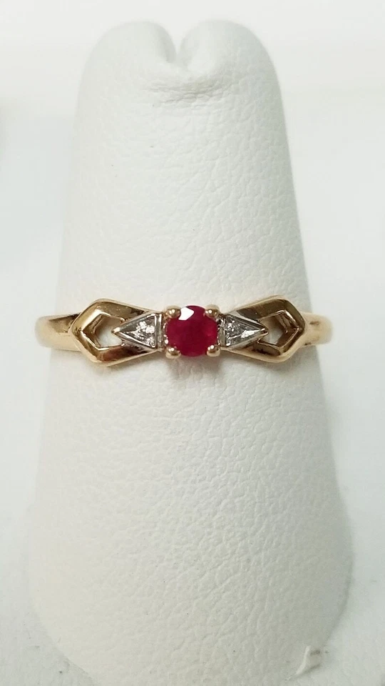 Vintage Natürlich Rot Rubin Und Diamanten Edelstein 10k Gelb Weiß Gold Ring - Bild 3 von 4