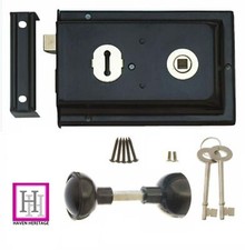 Rim Lock Set 6"x 4" Deadbolt -/+ Brass, Chrome, Black, Cast Iron Knobs / Handle
