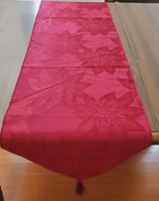 Jacquard Poinsettia Table Runner Deep Red Cotton/Poly Tassels 68x13.5" Christmas