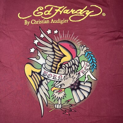 Vintage Men's Ed Hardy By Christian Audigier Maroon T-Shirt Size X