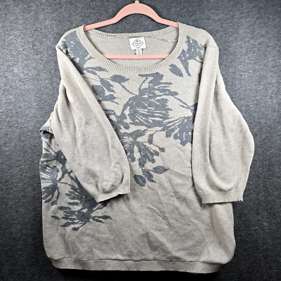 St John Bays Sweater Women 2X Plus Size Gray Floral Flowers 3/4 Sleeves Cotton