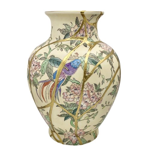 Kintsugi Vase 13” Chinese Porcelain Floral Gold Crack Art Growth Gift Anniversar - Picture 11 of 16