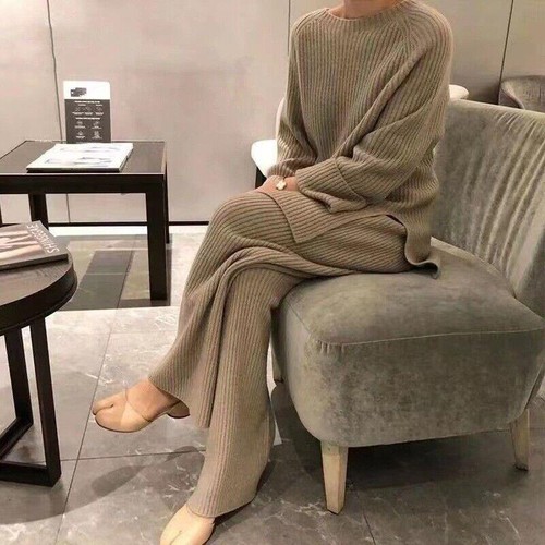 Women Casual Sweater Wide Leg Pants 2Pcs Cashmere Suit Chic Warm Office Knitwear - Picture 6 of 21