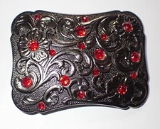 ANTIQUE FINISH WESTERN STYLE FLORAL SCROLL BELT BUCKLE WITH RED CRYSTALS NICE!