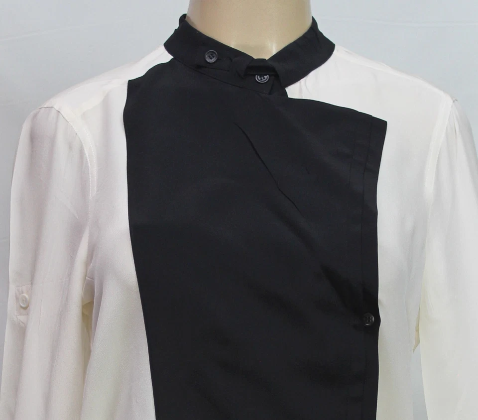 Blusa para mujer BCBG Maxazria manga larga blanca negra 100 % seda talla XS Foto 3 de 4