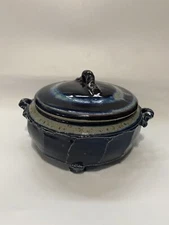 Vtg. signed/stamped Studio Art Pottery Multi blue Glazed Stoneware lidded Bowl
