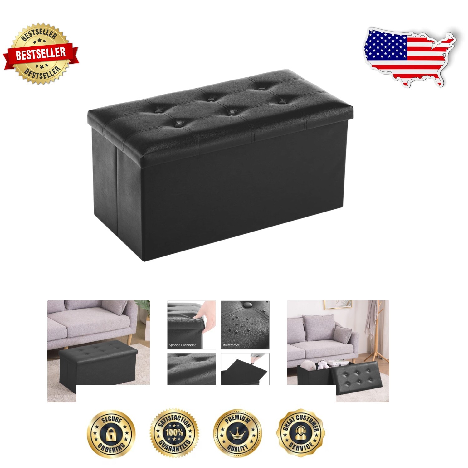 Folding Ottoman Bench with Storage - Faux Leather, Holds 350lbs  