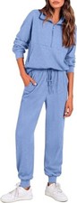 Women Blue 2 Piece Set Half Zip Pullover Long Sleeve Sweatshirt Jogger Pants