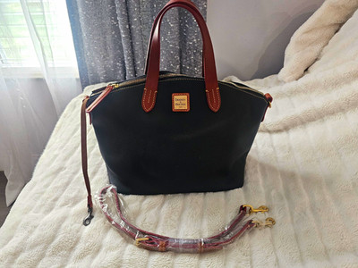 Dooney & Bourke Medium Satchel Black Brown Handles Detachable Strap Zip Gold