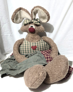 29" Primitive Farmhouse Bunny Doll in Country Dress w/Bow Posable Ears Folk Art