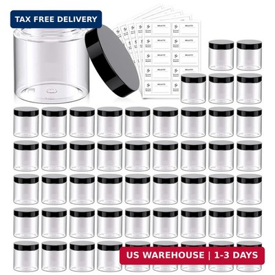 50 Pack 4 OZ Plastic Jars Round Clear Cosmetic Container with Black Lids, Eterna