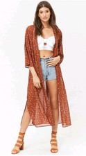 Forever 21 Floral Kimono Robe Semi-Sheer Size Medium Brown Belted Yellow Roses