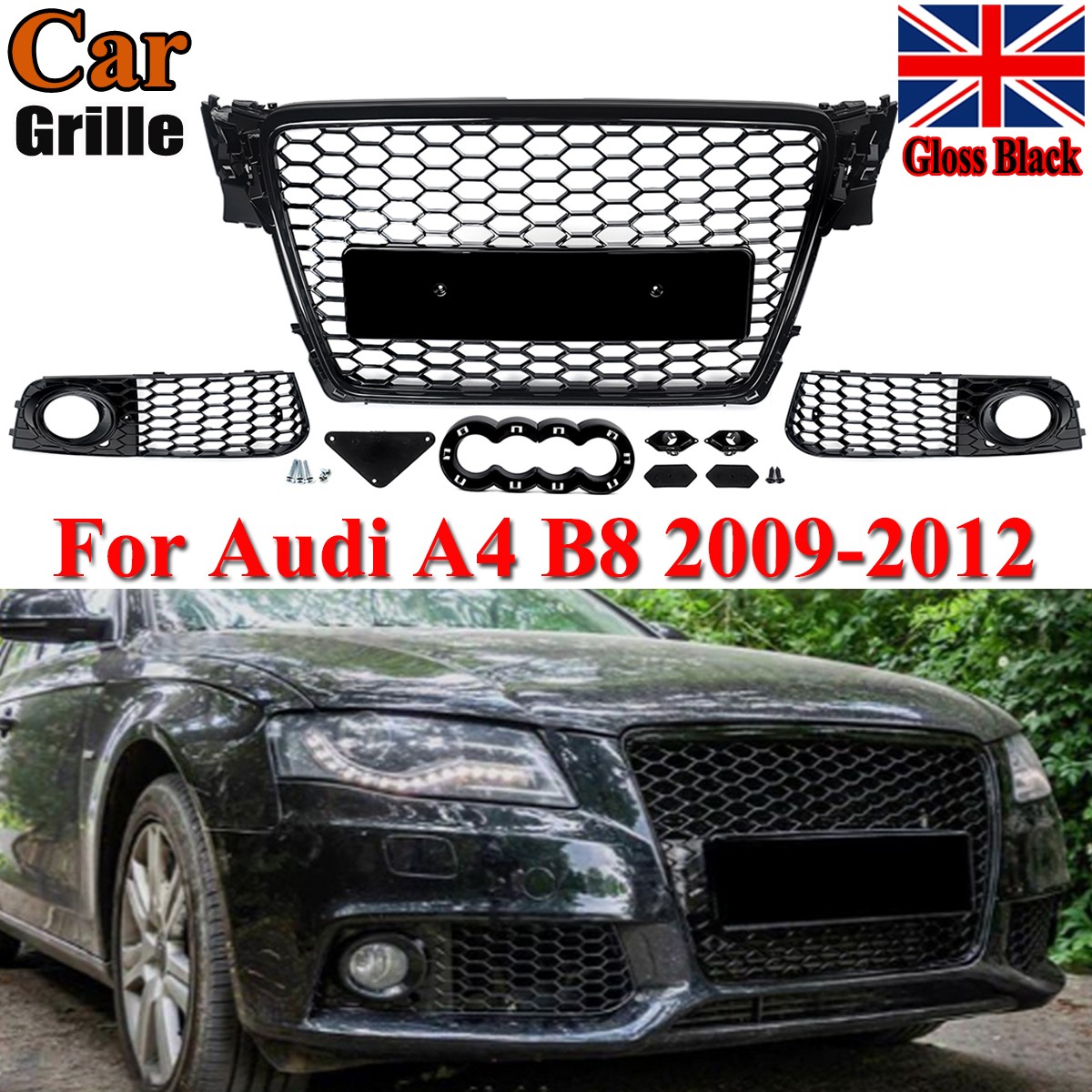 RS4 STYLE HONEYCOMB FRONT BUMPER GRILLES & FOG LIGHT COVERS FOR AUDI A4 B8 09-12