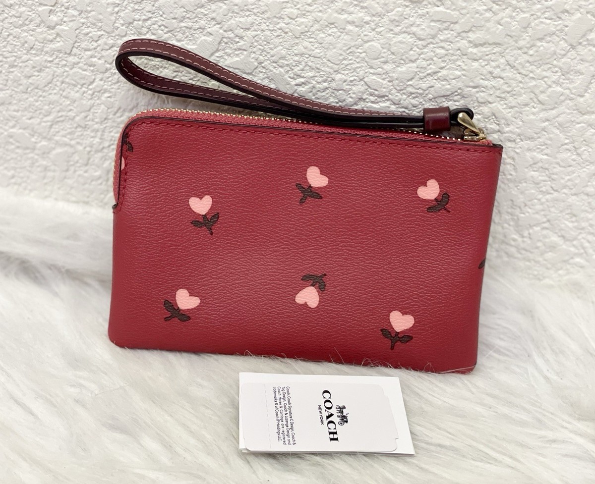 NWT Coach Heart Floral Print Corner Zip Wristlet C3300 Wine Multi