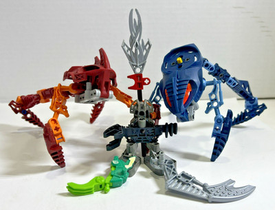 LEGO Bionicle Lot - Blue Creature, Red Spider, Gray Figure + Weapons & Parts 