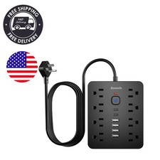 Elegant Flat Plug Power Strip - 8 Outlets  6 USB Ports, Space-Saving Design