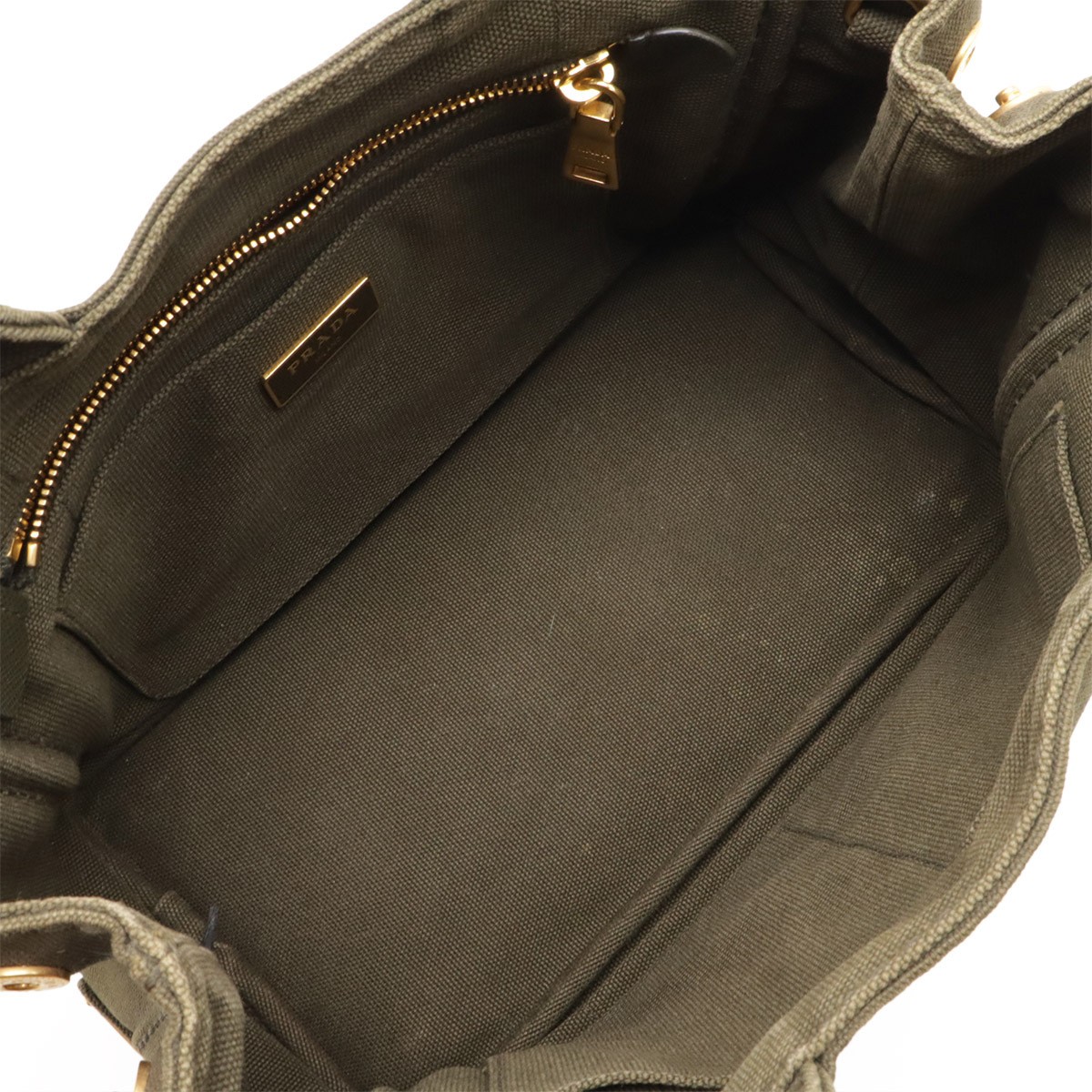 PRADA CANAPA Tote Bag Handbag Canvas Khaki Green Gold Hardware Shoulder Strap Mi thumbnail 5