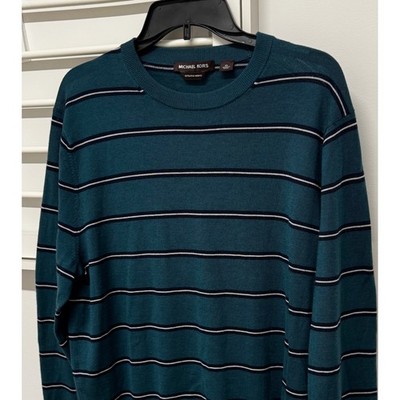 Michael Kors Mens Extra Fine Merino Wool Striped Crewneck Sweater Teal Large MK