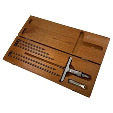 Scherr-Tumico Machinist Micrometer Depth Gauge Set w/6x Rods & Wooden Case