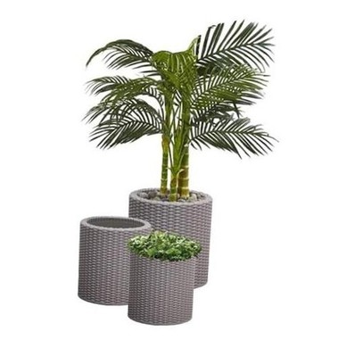 Keter Cylinder Set of 3 Rattan Resin Planter for Indoor and Outdoor Taupe
