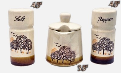 Vintage Stoneware Salt & Pepper Shakers Sugar Bowl Set Brown & Tan Fall Trees