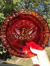 Vintage L.E. Smith Heritage American Eagle Red, Orange,  Amberina Ashtray 9.25"