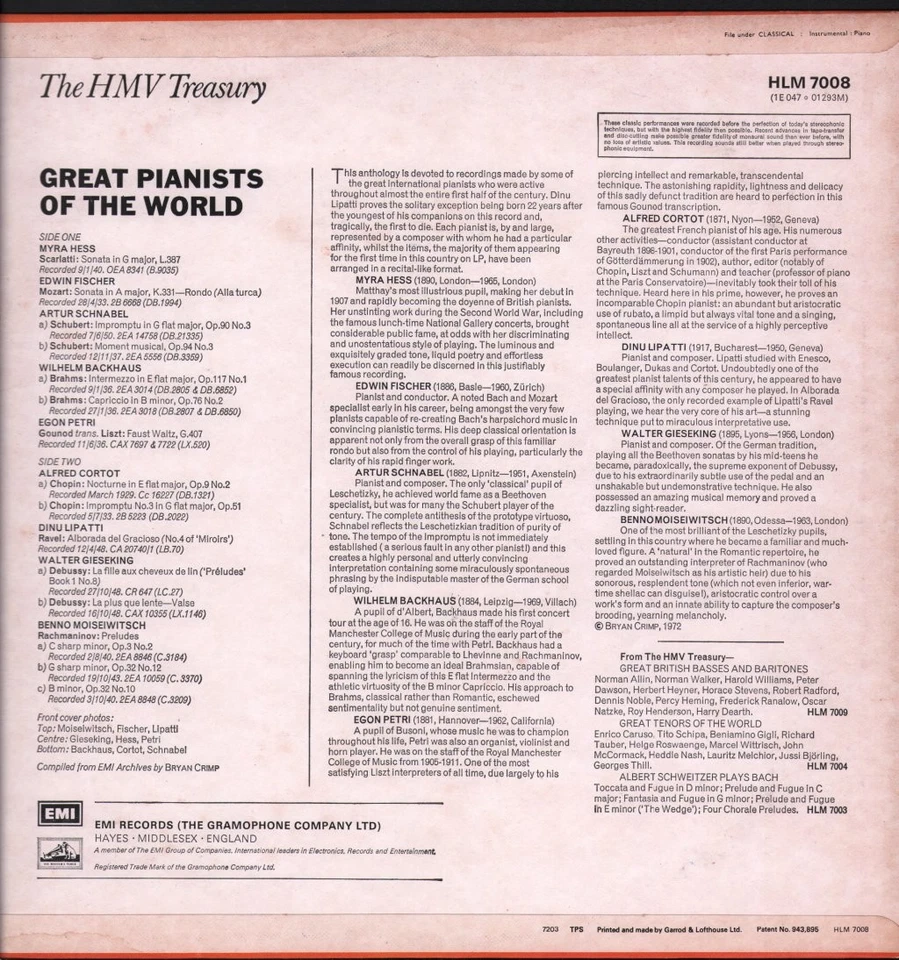 HLM7008 Various Artists Great Pianists of the World LP vinyl UK His Masters - Image 2 of 3