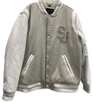 Sean John Varsity Bomber Jacket XXL Gray Faux Leather Sleeves Outdoor Streetwear