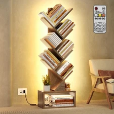 6 Tier Tree Bookshelf, Tall Bookcase, Freestanding Book Shelf with LED Lights...