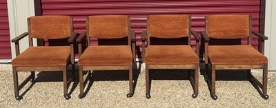 70s RETRO MCM BERNHARDT ROLLING ARM CHAIR SET - 4 - VIBRANT BURNT ORANGE VELVET 