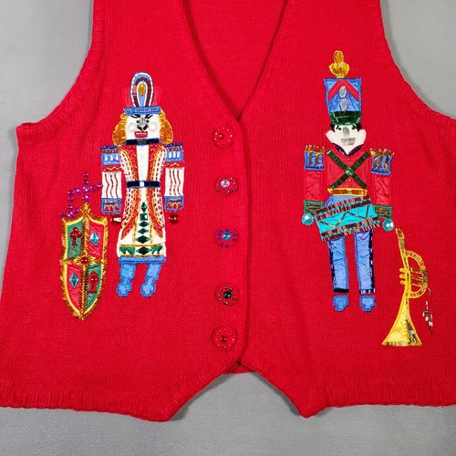 Gilet Maglione Vintage Victoria Donna Vacanze 2X Rosso Ricamato Schiaccianoci Natale - Foto 2 di 9