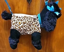 POOCHIE  CO. BLACK POODLE DOG PURSE, LEOPARD COAT, BLUE GLITTER COLLAR  BOWS