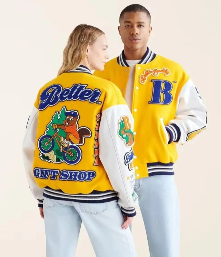 Yellow wool genuine leather embroidered unisex varsity jacket