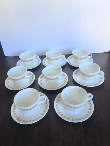 Vintage Set Of 8 Retro Corelle Golden Butterfly Tea Coffee Cup Mug /plate